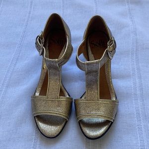 Sofft gold heels with ankle strap.